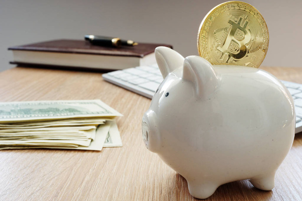 Savings in cryptocurrency. Bitcoin and piggy bank. - Fotoğraf, Görsel