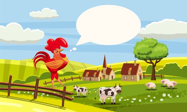 Αγροτική εκμετάλλευση χαριτωμένο προβολή, αγελάδα, προβάτων, κόκορας κάθεται σε ένα φράχτη, διάνυσμα, εικονογράφηση, απομονωμένες, καρτούν στυλ - Διάνυσμα, εικόνα