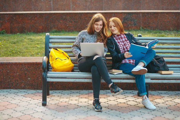Two students sit on bench with laptop and book - Фото, зображення
