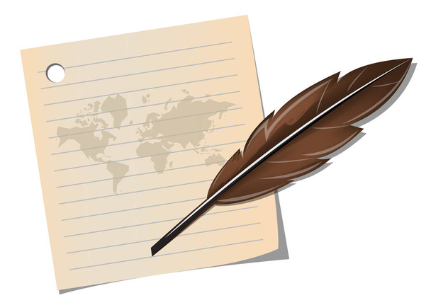 International Poetry Day with feather pen on old note paper and world map - Vector, Image