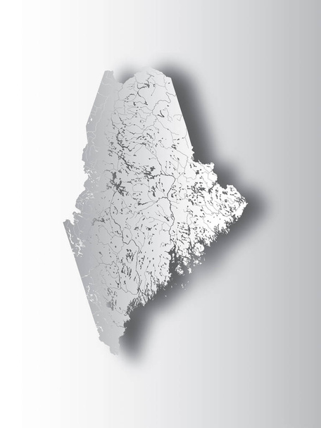 Estados Unidos mapa de Maine con efecto de corte de papel. Hecho a mano. Se muestran ríos y lagos. Por favor, mire mis otras imágenes de series cartográficas - todas ellas son muy detalladas y cuidadosamente dibujadas a mano CON RÍOS Y LAGOS
. - Vector, imagen