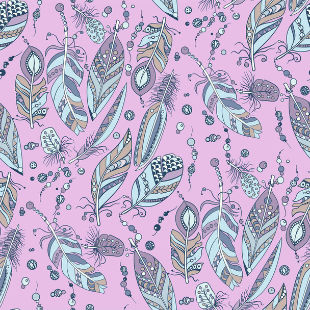 Seamless pattern with feathers and beads in vector graphic illustration in native tribal style in pastel colors - Vector, Image
