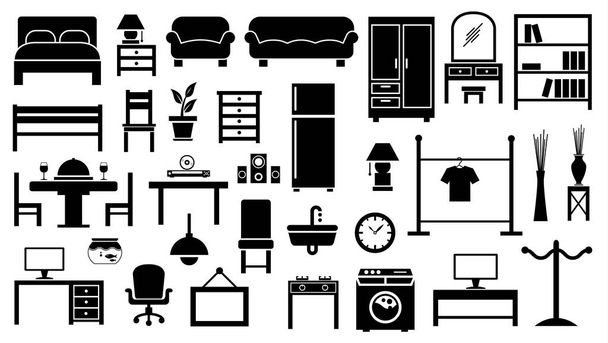 Conjunto de ícones de móveis em fundo branco
 - Vetor, Imagem