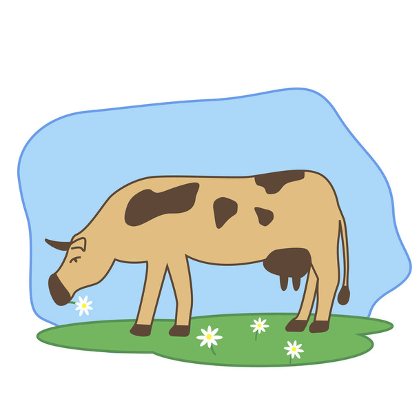 Ilustracja wektorowa krowy pasące się na pole i żuje kwiaty. - Wektor, obraz