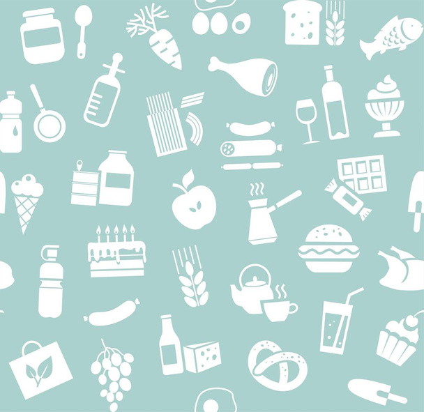 Food, seamless pattern, blue, monochrome, grocery, vector. Food and drinks, production and sale. Vector background. White icons on the blue field.  - Vecteur, image
