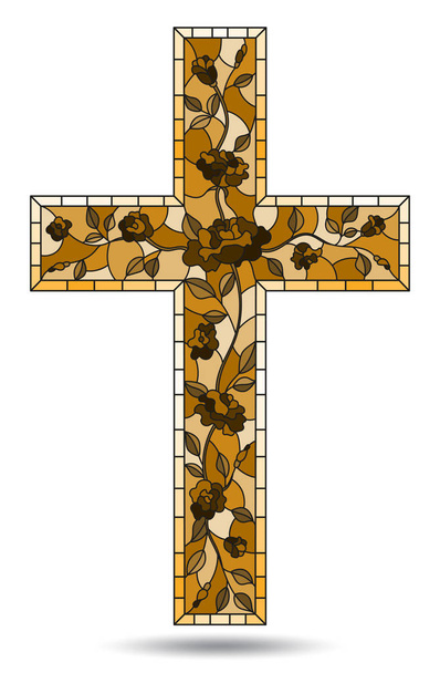 Na obrázku v vitráže stylu malby na náboženská témata, vitrážové okno ve tvaru křesťanského kříže zdobí růže izolovaných na bílém pozadí - Vektor, obrázek