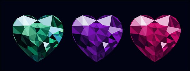 vektorové ilustrace skvost kameny srdce tvar barevný set modré fialové růžové crimson - Vektor, obrázek