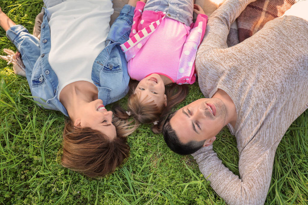 Happy family lying on green grass in park - 写真・画像