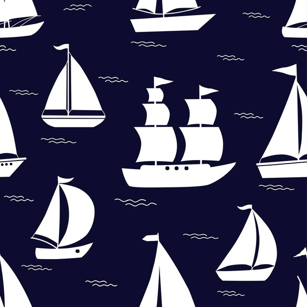 Seamless pattern with white cartoon boats on biue background - Вектор,изображение