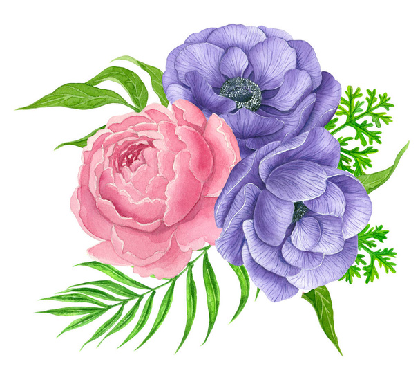 Watercolor bouquet of anemone and peony flowers  isolated on white background. Element for design. - Foto, Imagem