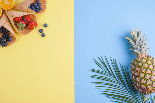 Tropické ovoce a bobule na žluté a modré pozadí. Volné místo pro text. Dovolená a relaxace s plochou ležel, kopie prostor - Fotografie, Obrázek