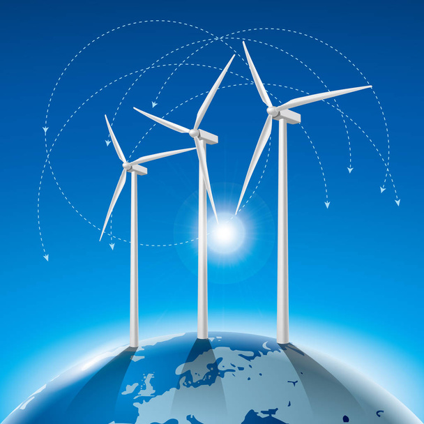 Alternative energy concept, wind generators on earth.background is blue. - Vetor, Imagem