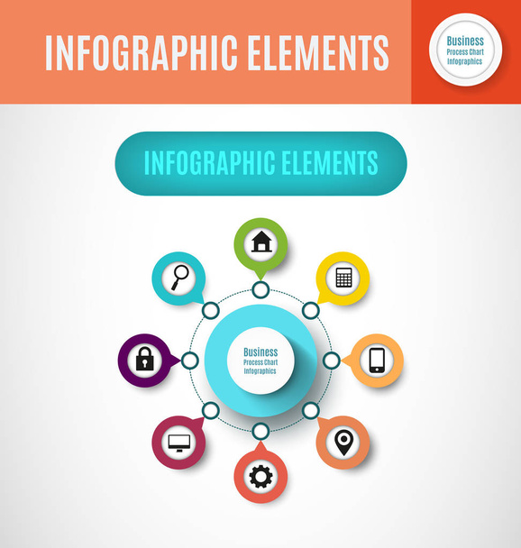 Business process chart infographics with 5 step segments. Circular corporate timeline infographic elements. Company presentation slide template. Modern vector info graphic layout design - Vecteur, image