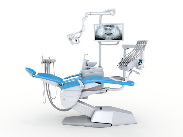 3D işleme modern diş sandalye beyaz bir arka plan üzerinde - Fotoğraf, Görsel