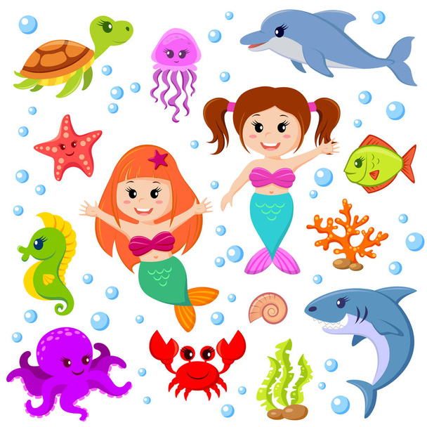 Cute cartoon sea animals and mermaids - Vektör, Görsel