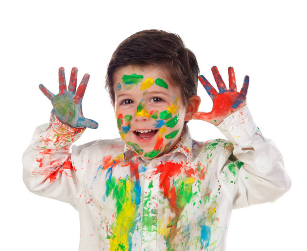 funny little boy with face and hands covered with paint, isolated on white background - Photo, Image