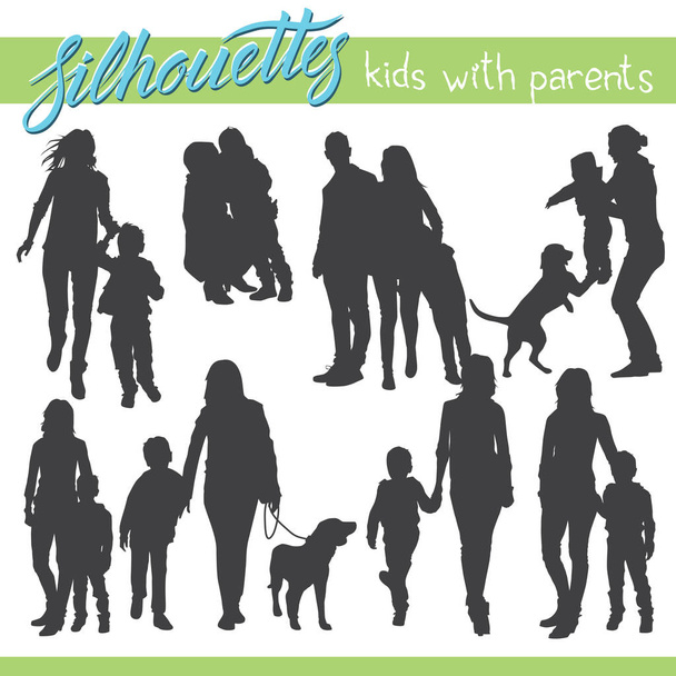 Vector illustration. Silhouettes of kids and children. Kids with parents. Happy family - Vector, Image