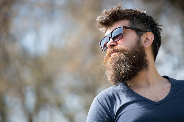 Guy with beard wears sunglasses. Hipster with beard and mustache on strict face, nature background, defocused. Man with beard looks stylish and confident on sunny day. Fashion and style concept - Fotoğraf, Görsel