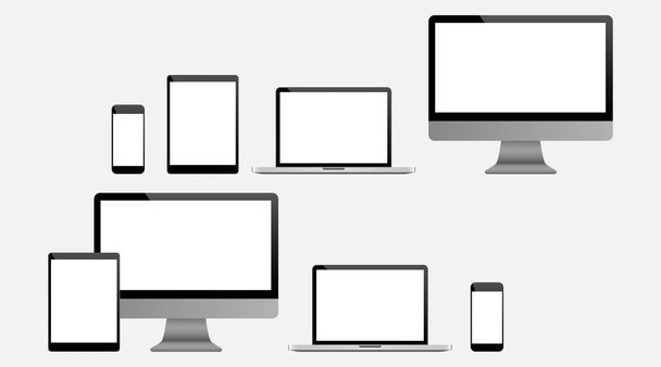 Комплект реалистичный компьютер, ноутбук, планшет и мобильный телефон. Современный монитор
 - Вектор,изображение