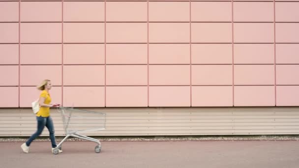 Happy family with shopping carts - Materiał filmowy, wideo