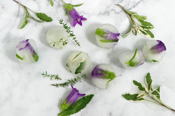 Cubos de hielo brillantes con flores y hierbas sobre un fondo de mármol claro. Enfoque selectivo
. - Foto, Imagen