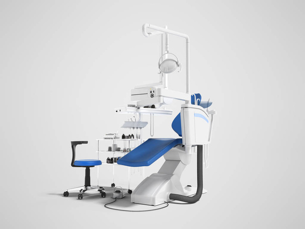 Moderna sedia in pelle blu scuro per studio odontoiatrico con strumento di odontoiatria nel rendering anteriore 3d su sfondo grigio con ombra
 - Foto, immagini