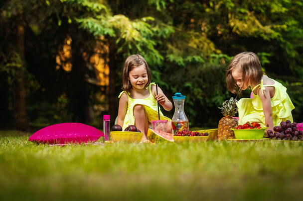 due ragazzina in abiti stanno giocando a picnic nella foresta estiva
 - Foto, immagini