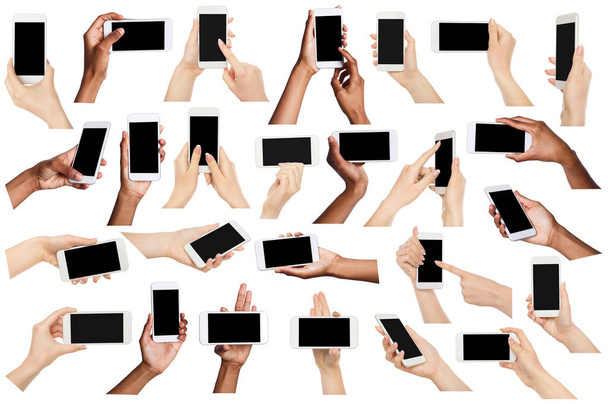 Collage de mains multiethniques tenant mobile, isolées sur blanc
 - Photo, image