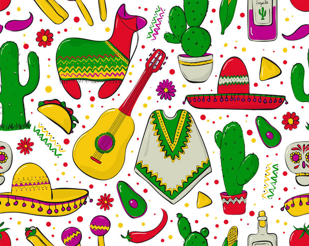 Feesta a latinskoamerických festivalů. Bezproblémové vzorek na téma Mexiko. Tradiční španělský objekty. Pončo a sambrebo. Kytara a maracas. Tequila s kaktusy - Vektor, obrázek