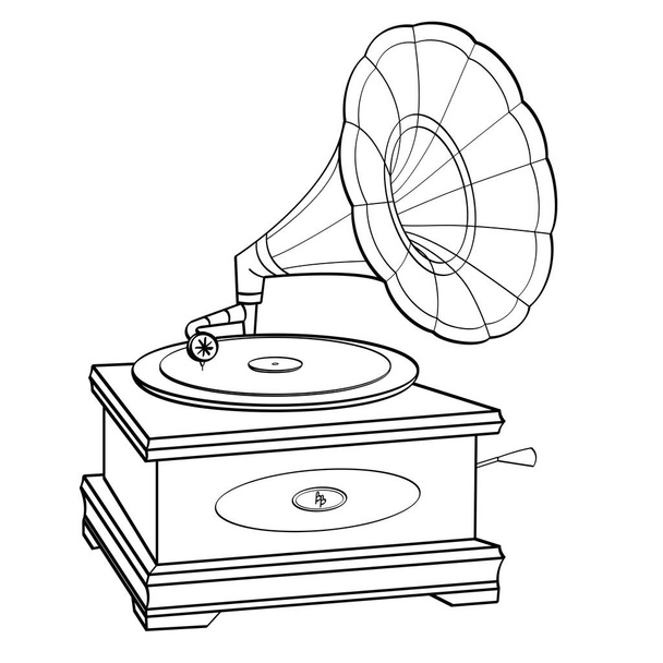 Gramophone stripboek retro stijl vector. geïsoleerde object. Kinderen en volwassen Kleurplaat, zwarte lijnen, witte achtergrond - Vector, afbeelding