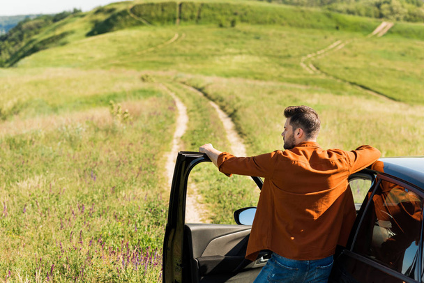 rear view of young man standing near his car on rural meadow  - Foto, Imagen
