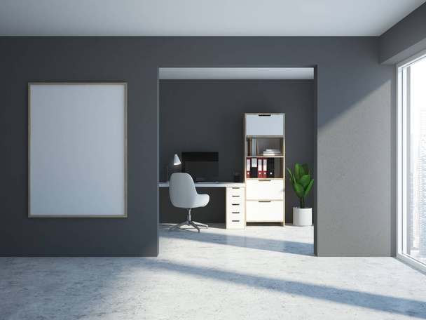 Gray home office interior with a concrete floor, a white computer table and a bookcase. A loft window. A mock up poster frame. 3d rendering - Photo, image