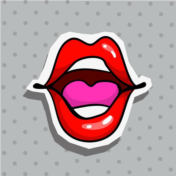 Módní patch odznak s sexy překypující toungue rty pop art styl nálepka s tečkou pozadím - Vektor, obrázek