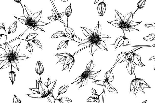 Seamless Clematis flower pattern background. Black and white with drawing line art illustration. - Vector, Image