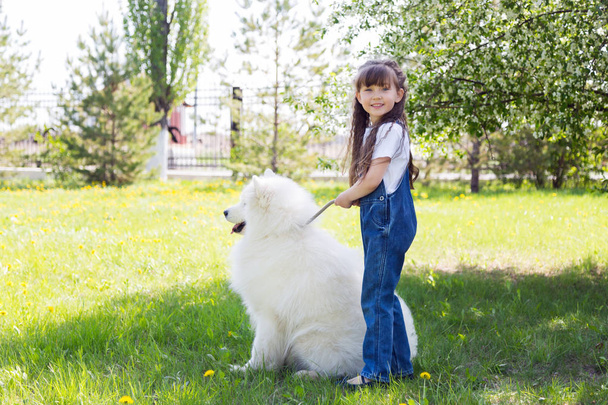 Una hermosa niña de 5 años en jeans abraza a su perro favorito durante un paseo de verano
. - Foto, imagen