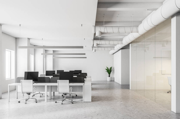 Open space office interior with white walls, a concrete floor and rows of computer tables. 3d rendering mock up - 写真・画像