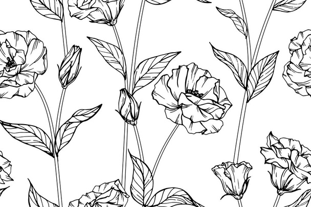Seamless  lisianthus flower pattern background. Black and white with drawing line art illustration. - Vector, Image