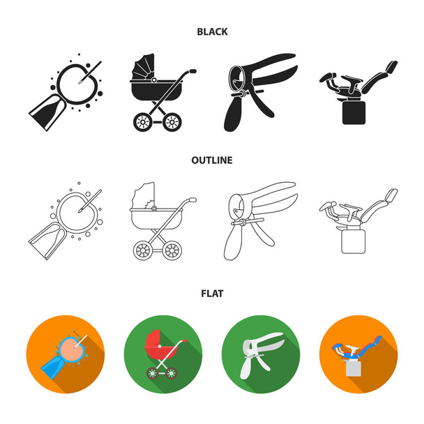 Искусственное оплодотворение, детская коляска, инструмент, гинекологическое кресло. Иконки коллекции беременных в черной, плоской, набросок векторных символов стиль иконок
. - Вектор,изображение