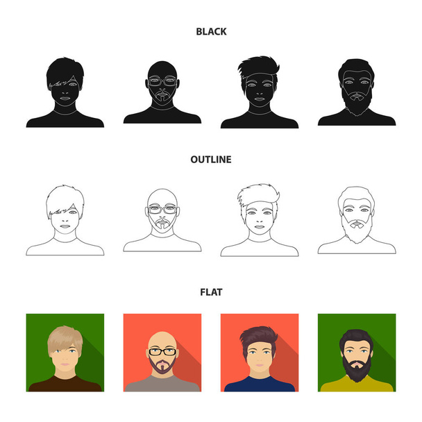眼鏡とひげ、髭の男、髪型の男の出現でハゲ男の顔。顔と姿コレクションでアイコンを設定ブラック、フラット、アウトライン スタイル ベクター シンボル素材 - ベクター画像