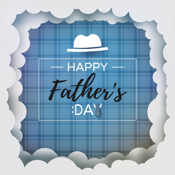 Happy father's day greeting card with calligraphy and  illustration on blue tartan scotch pattern and white cloud  frame background - Vecteur, image
