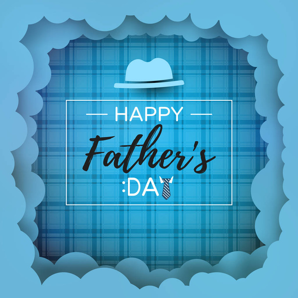 Happy father's day greeting card with calligraphy and  illustration on turquoise blue tartan scotch pattern and  cloud shape  frame background - Вектор, зображення