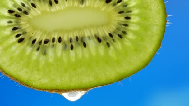 Drop of pure water or juice dripping from slice of kiwi - Footage, Video