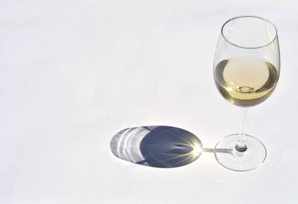 Glass of white wine on a white empty copy space background with sunlight and shadow refection effect. Beautiful background for invitation. - Фото, изображение