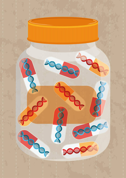 Terapia génica - futuro de la medicina. Un frasco de pastillas con ADN
 - Vector, imagen