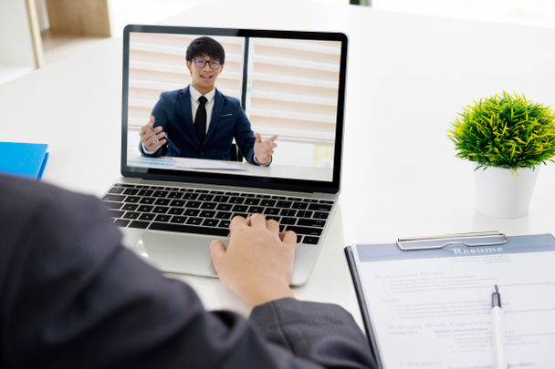Business online concept. Online job interview. Businesspeople making video call for contacting client by conference, talking on webcam, online concultation.  - Photo, Image