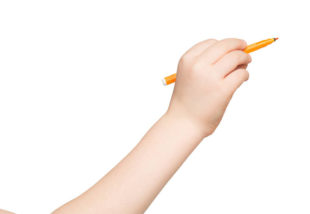 Kid hand holding felt-tip pen isolated on white - Photo, Image