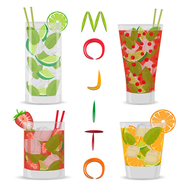 Icono vectorial ilustración logo para cócteles de alcohol mojito. Mojito patrón que consiste en una taza de vidrio lleno con cóctel transparente, cubos de hielo. Mojitos de cóctel de lima en rodajas, fresa roja, naranja
 - Vector, Imagen