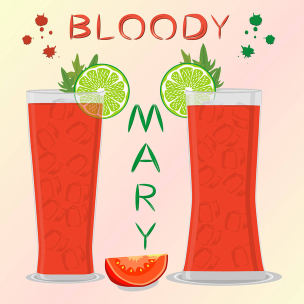 Vector icon illustration logo for alcohol cocktails bloody mary from sliced tomatoes. Bloody Mary consisting of full glass cup with vegetable cocktail of celery. Cocktail of cubes ice in tomato juice. - Vecteur, image