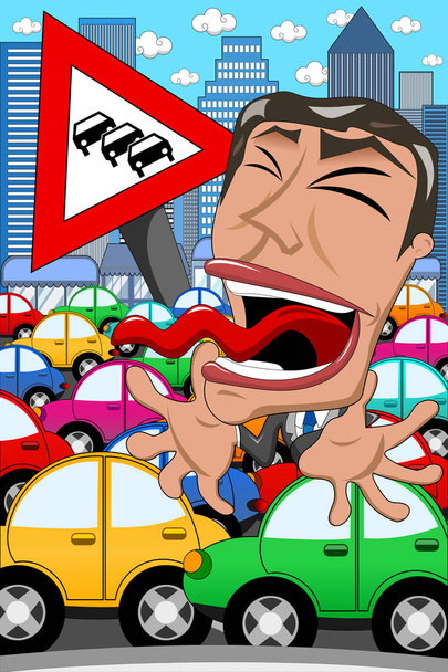 Caricatura Empresario gritando atasco de tráfico
  - Vector, Imagen