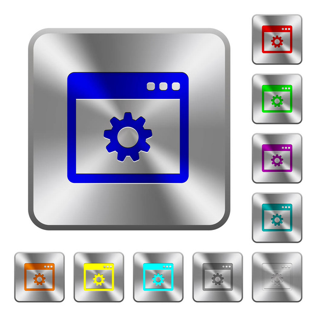 Ustawienia aplikacji grawerowane ikony na zaokrąglony kwadrat błyszczący przyciski ze stali - Wektor, obraz